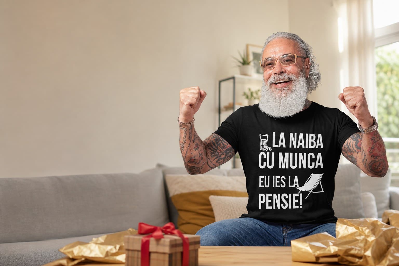 Bărbat purtând tricou cu mesajul „Ies la pensie”