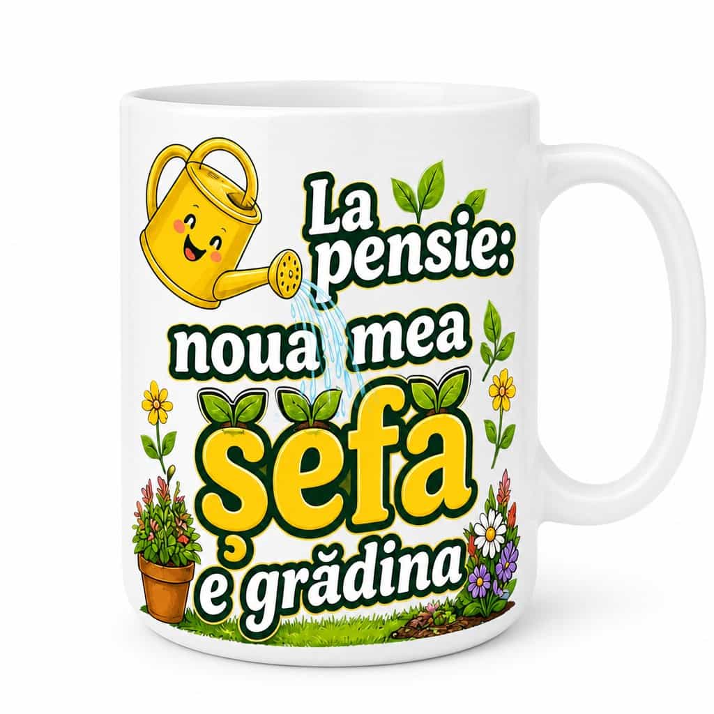 Cană pensionare „La pensie: noua mea șefă e grădina”