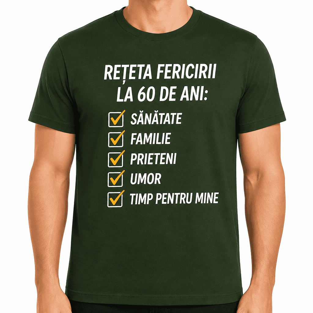 Tricou pentru 60 de ani – Rețeta fericirii la 60 de ani: sănătate familie prieteni umor timp pentru mine