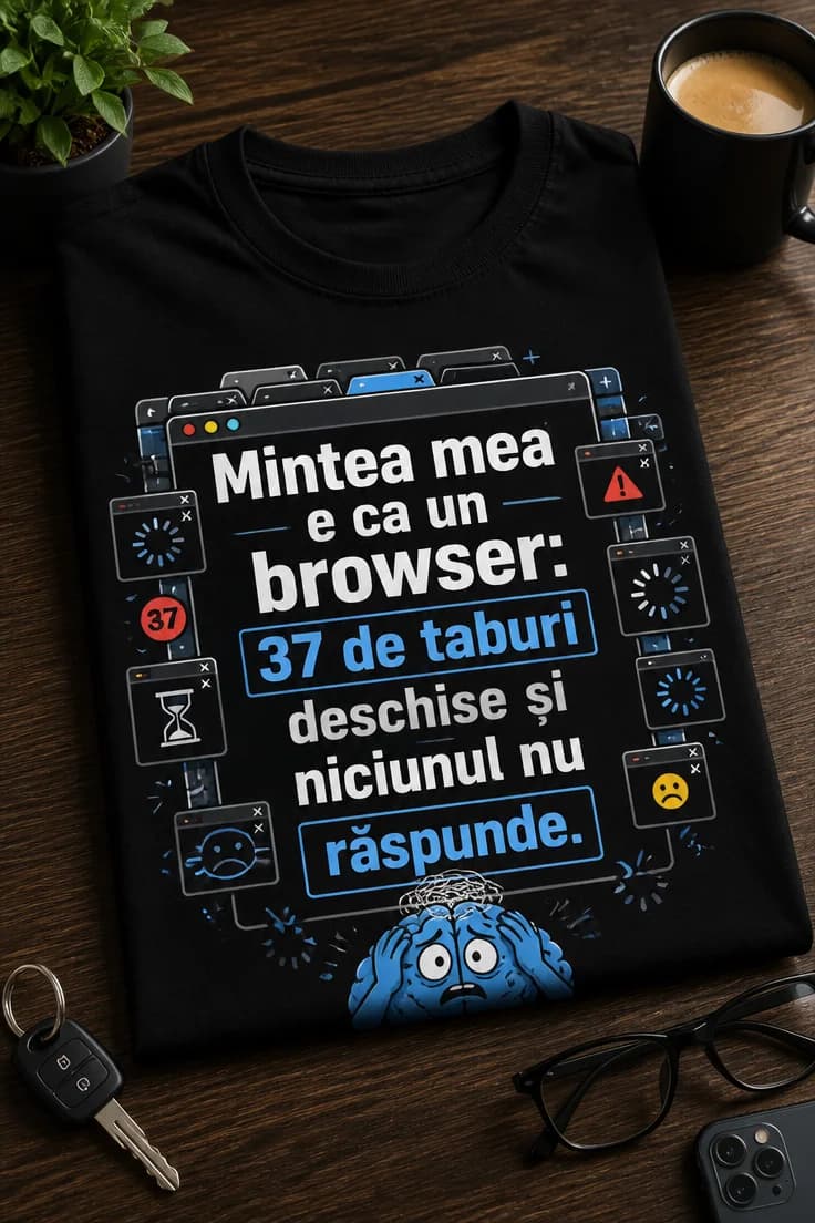 Tricou amuzant cu taburi deschise în browser