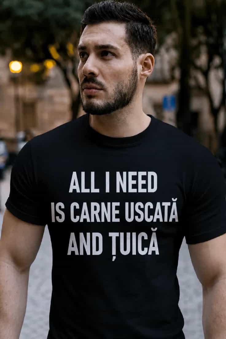 Tricou amuzant Carne uscată și țuică - ALL I NEED