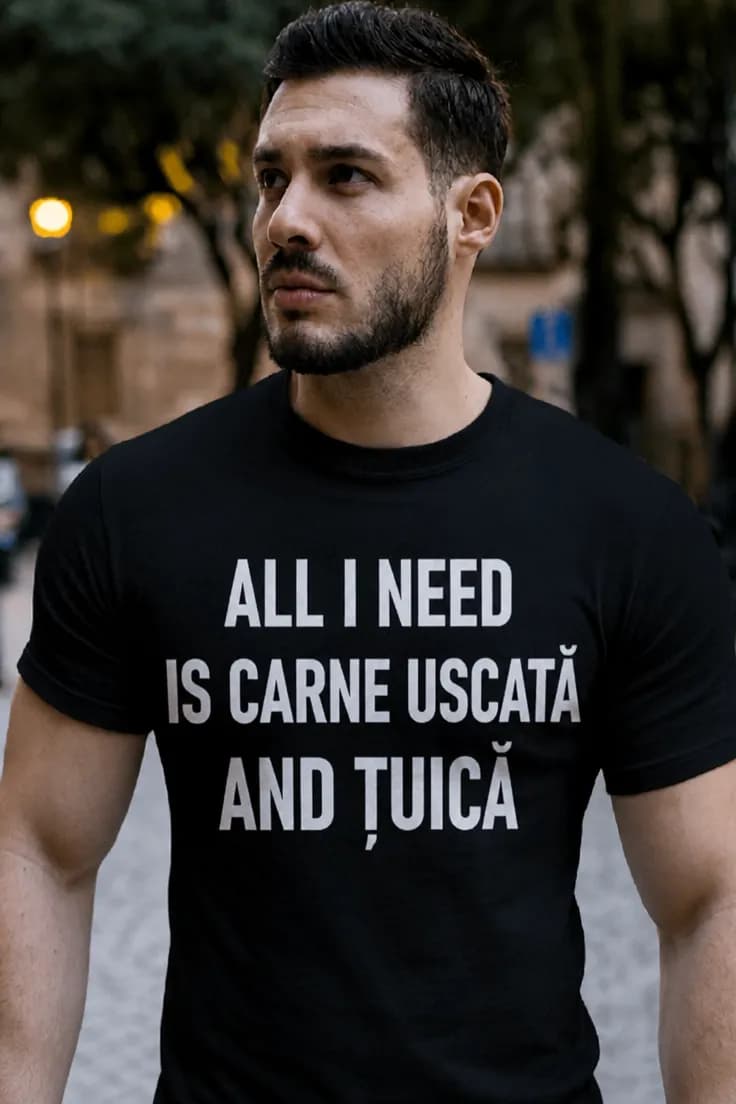 Tricou amuzant Carne uscată și țuică - ALL I NEED