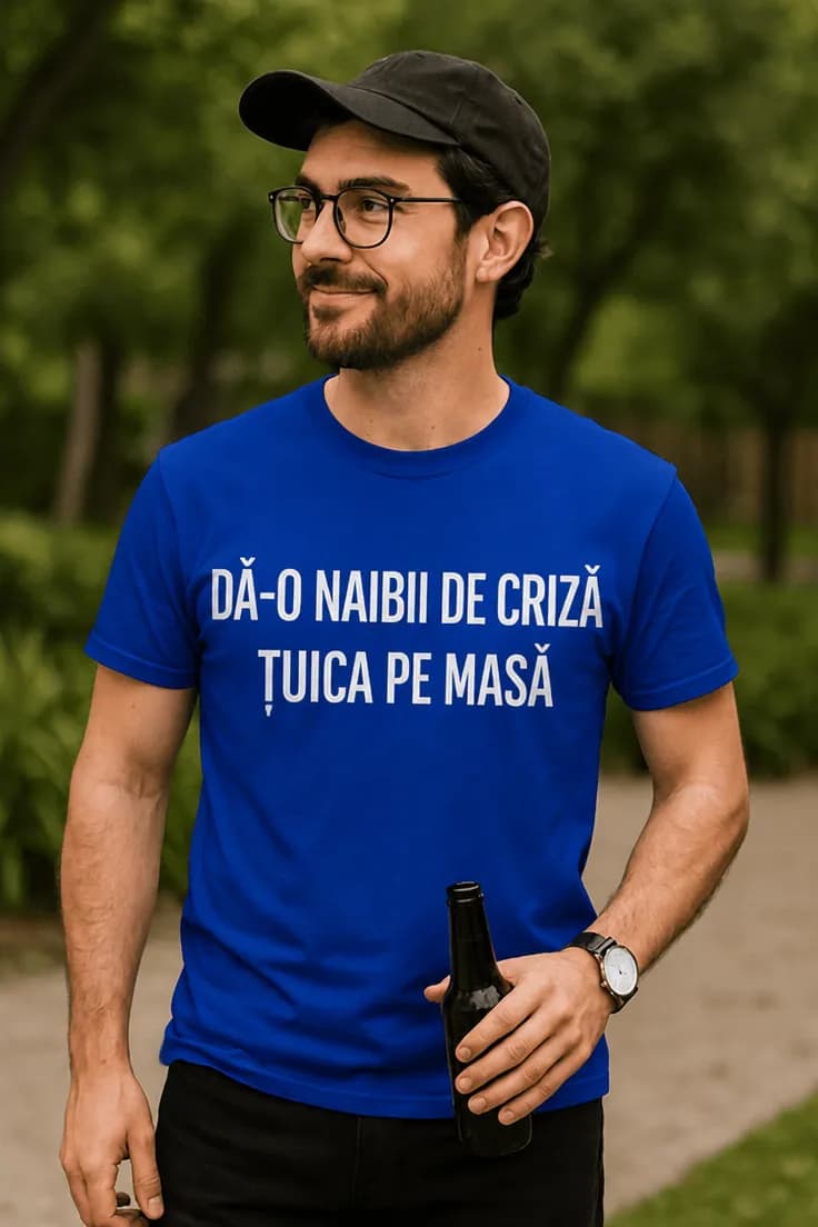 Tricou amuzant Criza și țuica – DĂ-O NAIBII DE CRIZĂ