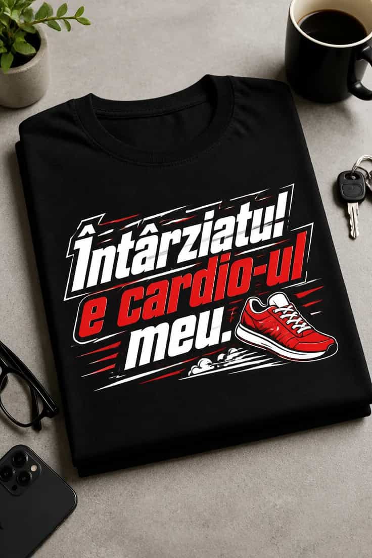 Tricou amuzant „Întârziatul e cardio-ul meu.”
