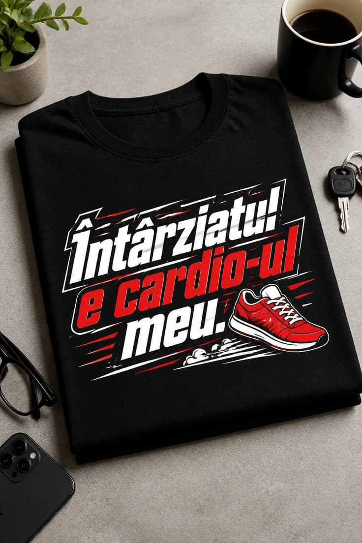 Tricou amuzant „Întârziatul e cardio-ul meu.”