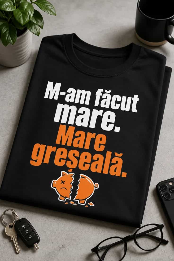 Tricou amuzant cu mesajul „M-am făcut mare. Mare greșeală.”