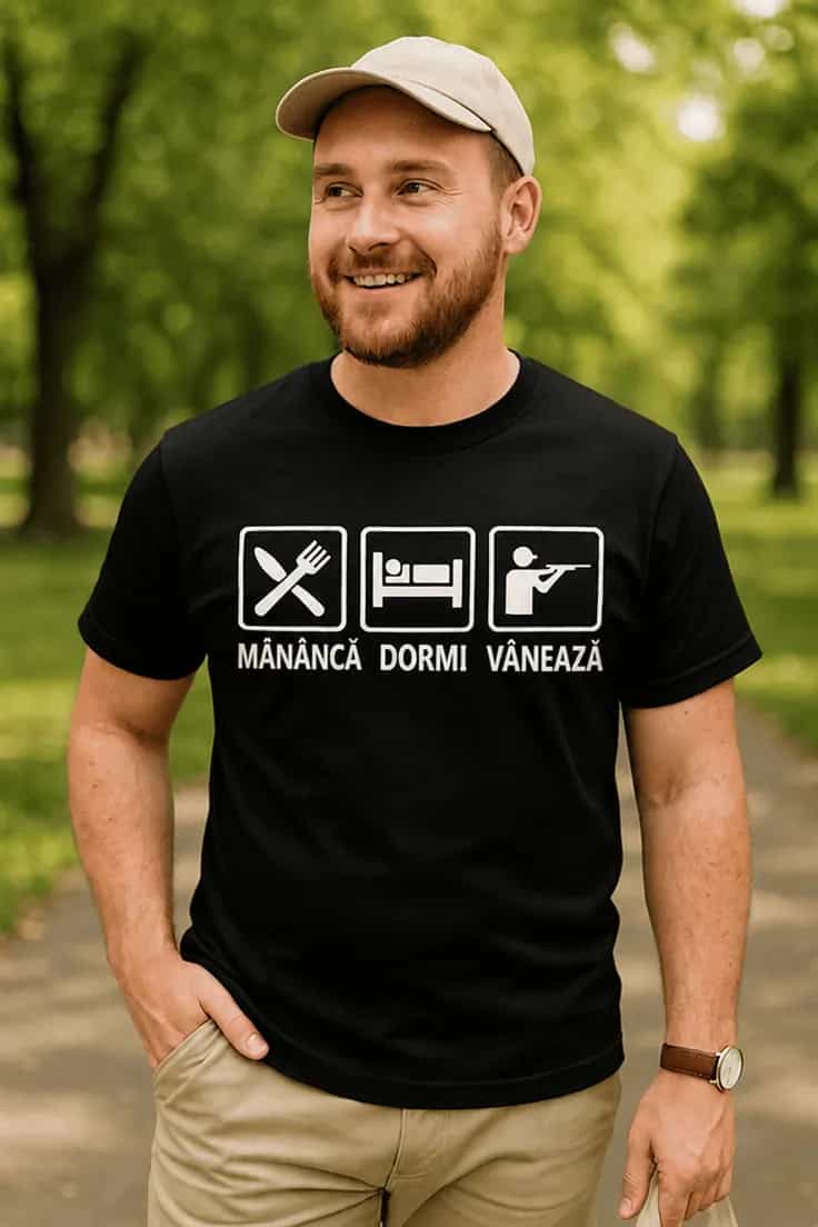 Tricou amuzant Mănâncă dormi vânează