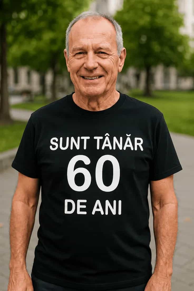 Tricou amuzant Tânăr de 60 ani – SUNT TÂNĂR