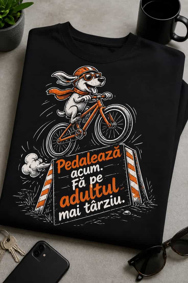 Tricou bicicletă Pedalează acum. Fă pe adultul mai târziu.