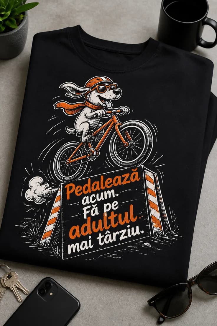 Tricou bicicletă Pedalează acum. Fă pe adultul mai târziu.