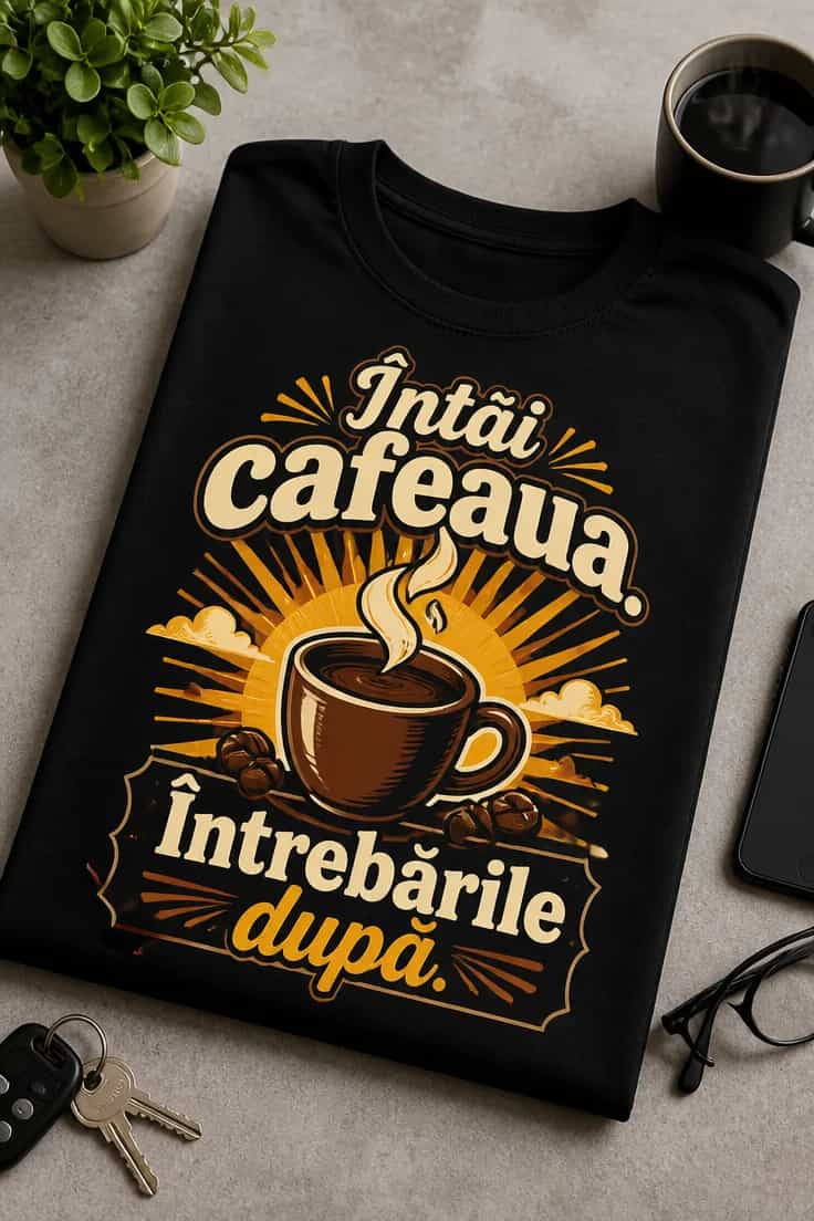 Tricou cafea „Întâi cafeaua. Întrebările după.”