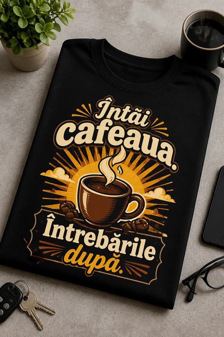 Tricou cafea „Întâi cafeaua. Întrebările după.”