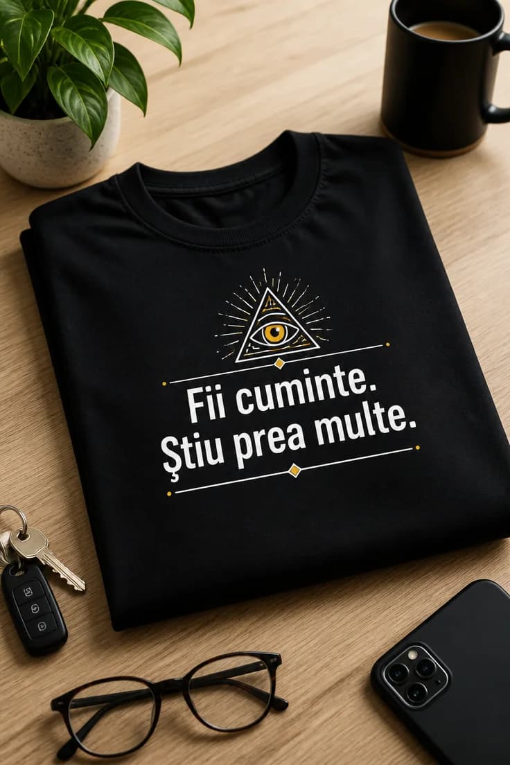 Tricou cu mesaj „Fii cuminte. Știu prea multe.”