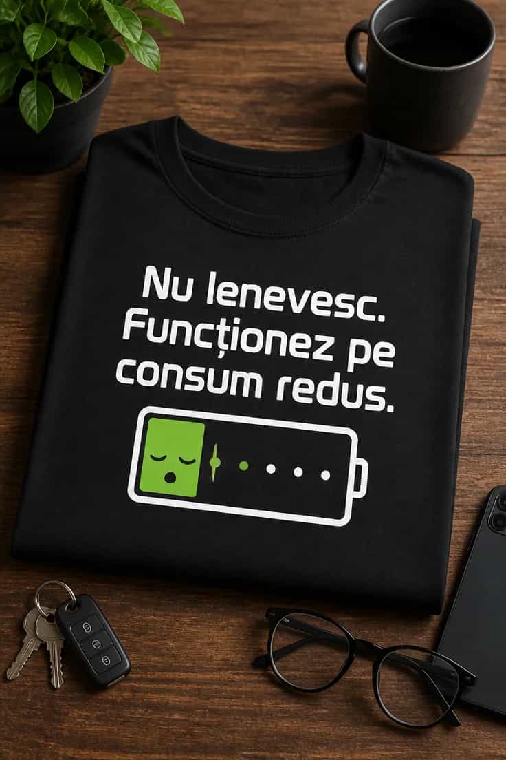 Tricou cu mesaj „Nu lenevesc. Funcționez pe consum redus.”