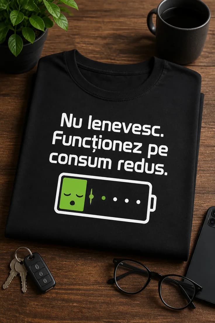 Tricou cu mesaj „Nu lenevesc. Funcționez pe consum redus.”