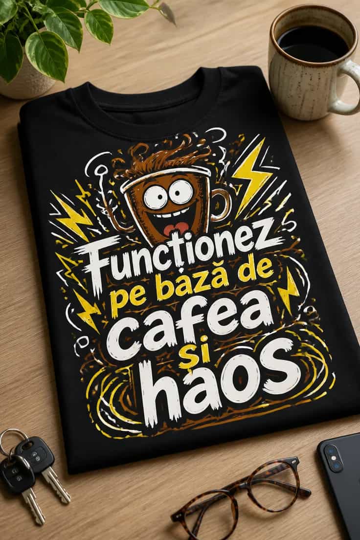 Tricou „Funcționez pe bază de cafea și haos”