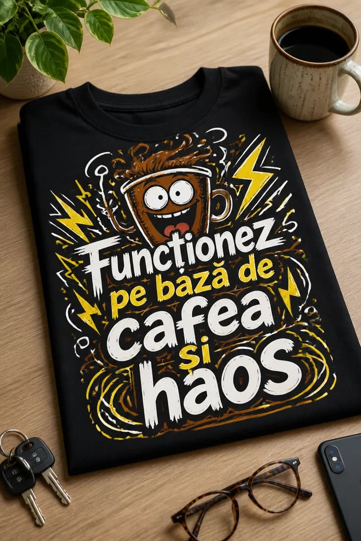 Tricou „Funcționez pe bază de cafea și haos”