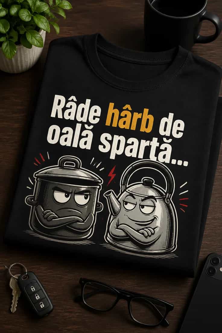 Tricou amuzant cu mesaj: Râde hârb de oală spartă...