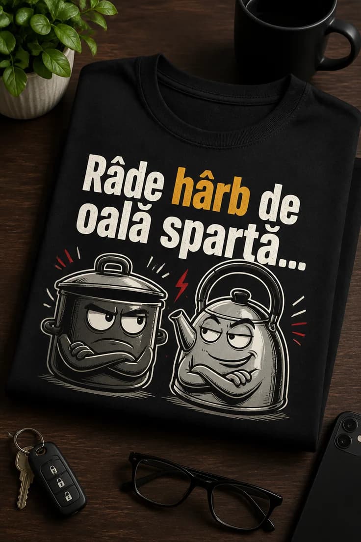 Tricou amuzant cu mesaj: Râde hârb de oală spartă...