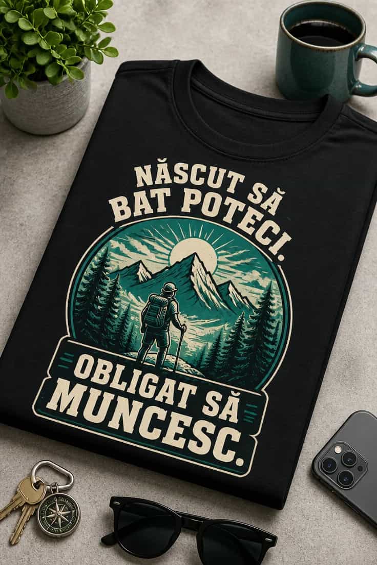 Tricou hiking: Născut să bat poteci. Obligat să muncesc.