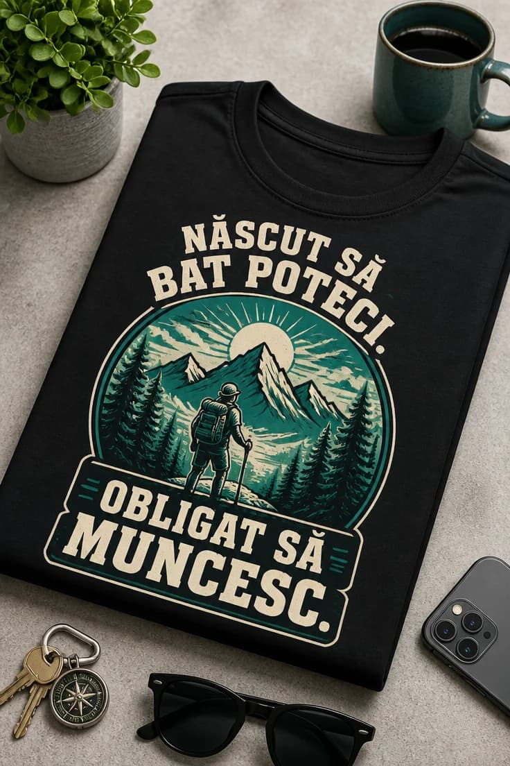 Tricou hiking: Născut să bat poteci. Obligat să muncesc.