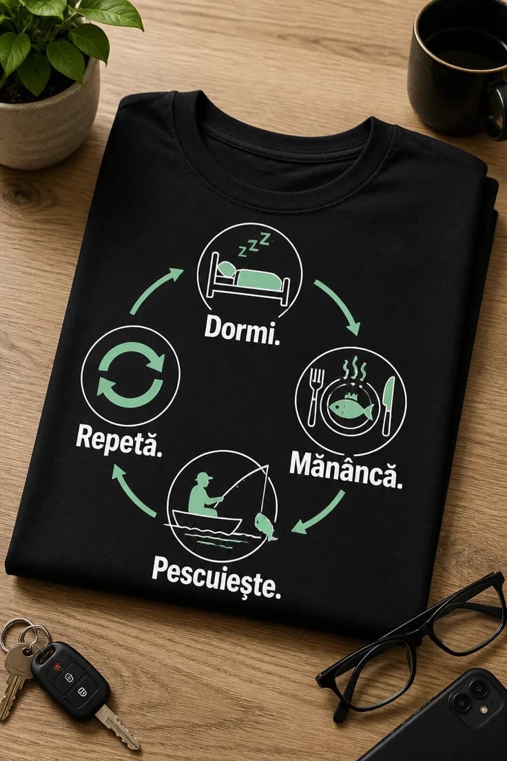 Tricou de pescuit Dormi. Mănâncă. Pescuiește. Repetă.