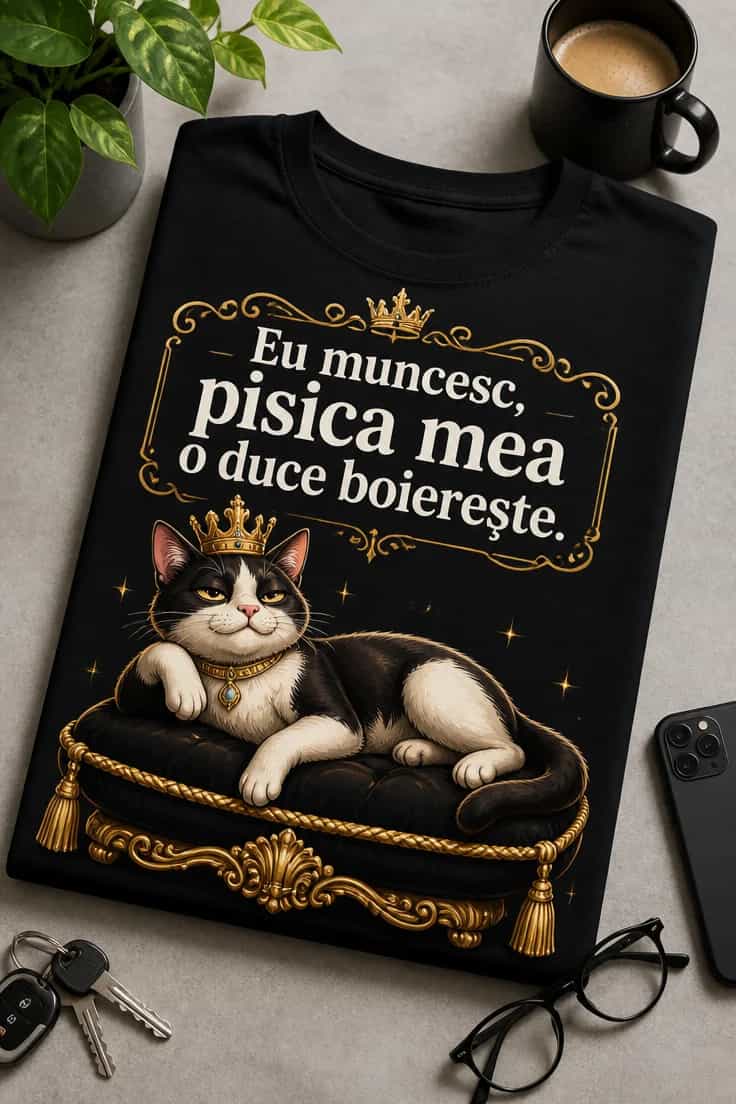 Tricou cu pisică eu muncesc, ea o duce boierește
