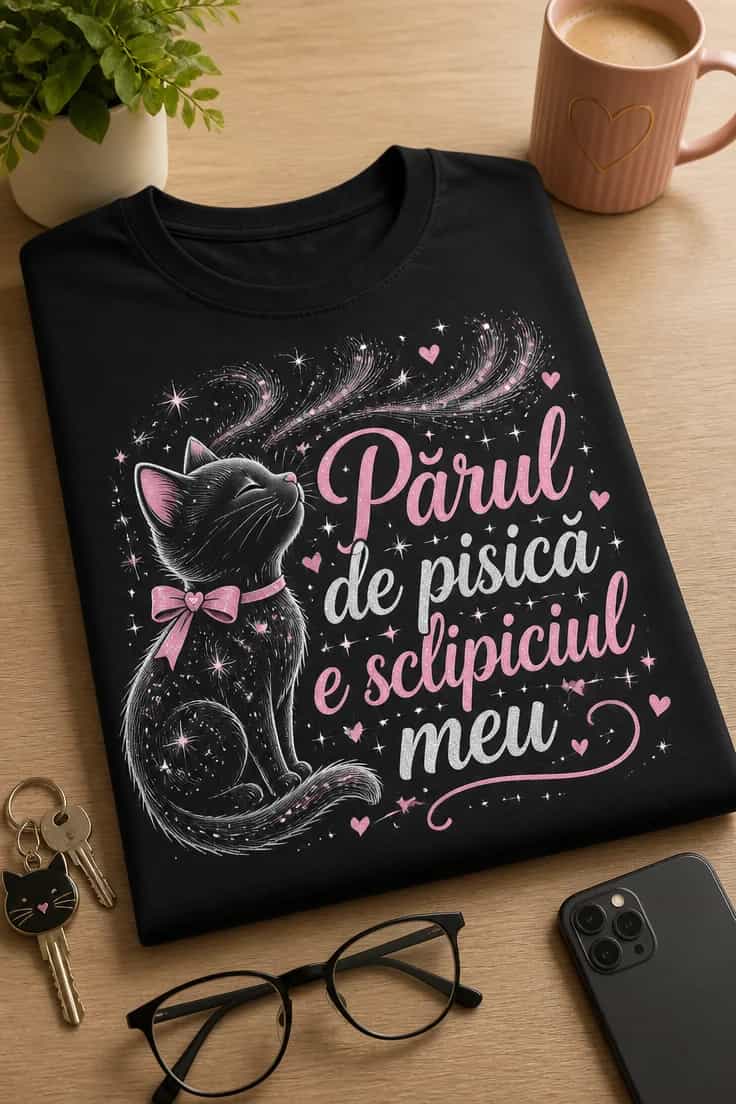 Tricou cu pisică „Părul de pisică e sclipiciul meu”