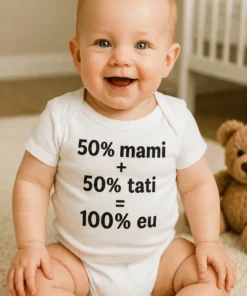 Body bebeluș 100% eu cu mesajul 50% mami + 50% tati = 100% eu