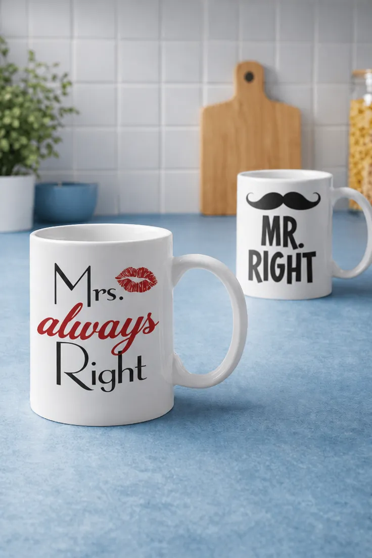 Cană amuzantă Mr și Mrs Right cu design haios pentru cupluri