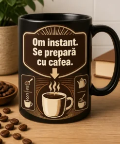 Cană cadou cu mesaj amuzant pentru iubitorii de cafea, cu sloganul Om instant. Se prepară cu cafea., design minimalist în tonuri de cafea.