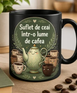 Cană ceramică cu teapot central și mai multe cești de cafea în jur, design calm și ușor umoristic, cu sloganul Suflet de ceai într-o lume de cafea.