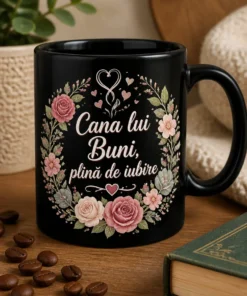 Cana cu textul exact „Cana lui Buni, plină de iubire”, decorată cu flori delicate, frunze sage și abur în formă de inimă, în stil cottagecore elegant.