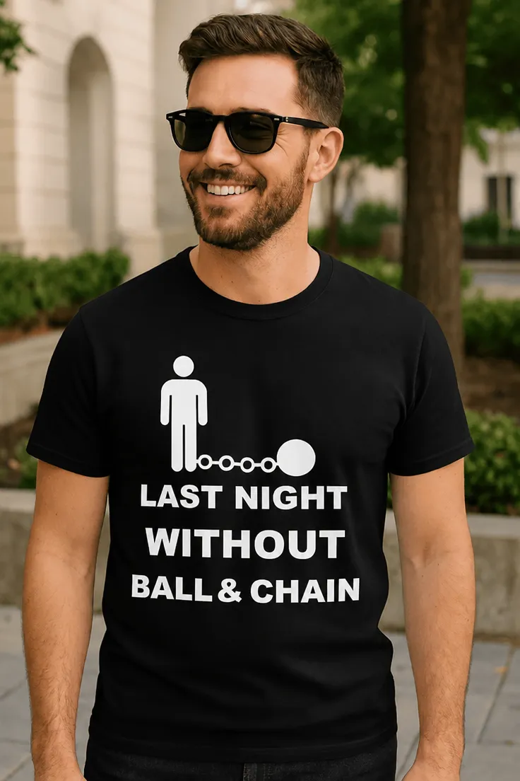 Tricou amuzant Ultima noapte fără lanț cu mesajul LAST NIGHT WITHOUT BALL & CHAIN