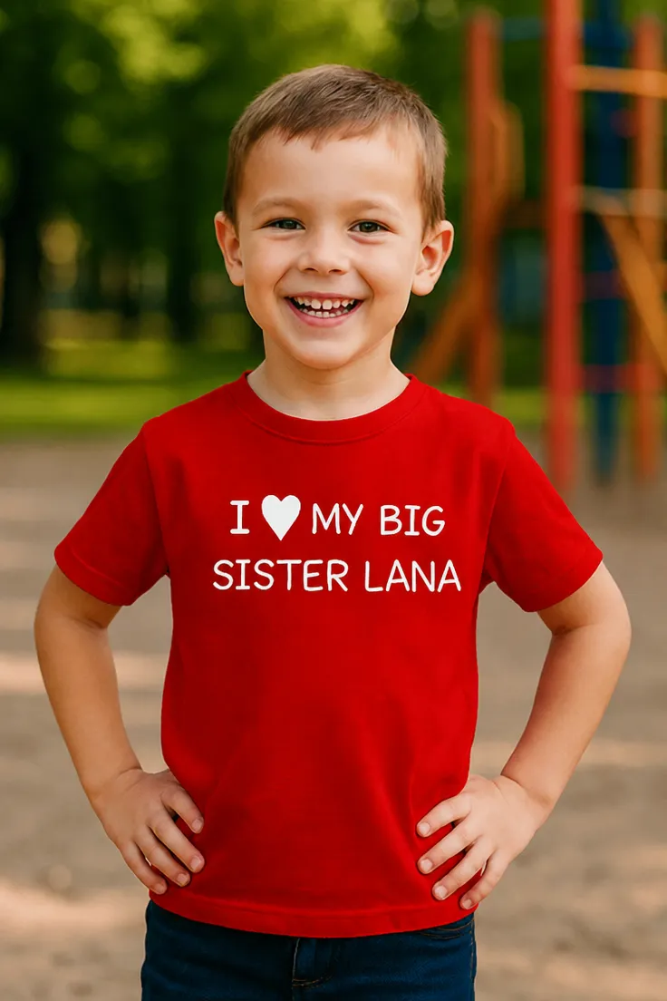 Tricou pentru copii Soră mai mare cu nume personalizat, cu imprimeu I ♥MY BIG SISTER LANA